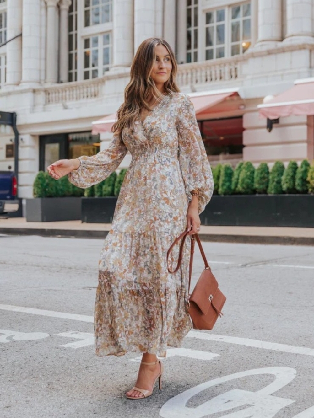 Floral V-Neck Maxi Dress with Smocked Waist in Beige Floral